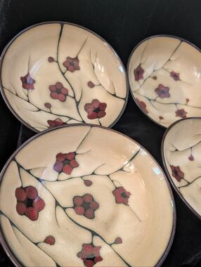 Pfaltzgraff Cream Ceramic Bowls with Red Floral Branch Design